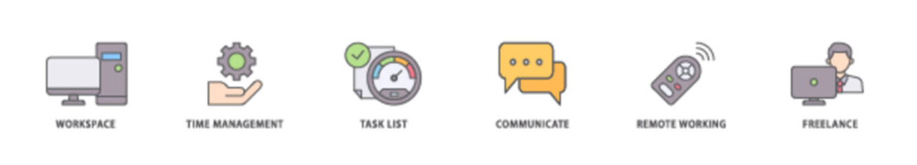 Work from home icon packs for your design digital and printing of workspace, time management, task list, communicate, remote working and freelance icon live stroke and easy to edit 