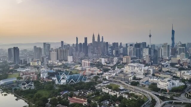 time lapse of aerial view kuala lumpur, malaysia city skyline in 4k