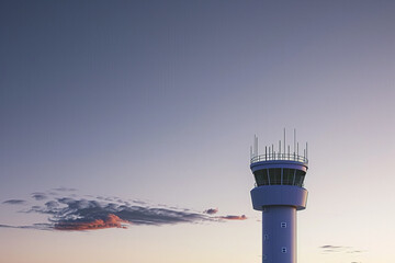 Naklejka premium Airport control tower standing tall against a twilight sky, Futuristic , Cyberpunk