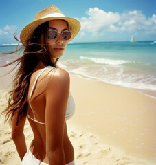 Cool breeze and sunshine: young woman in panama hat enjoys beach day