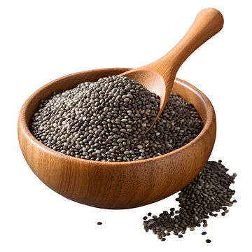 Superfood and clean food chia seeds on spoon in bowl on white and transparent background