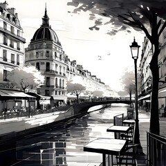 line drawing of paris black and white brush black detail city streets seine river cafes - obrazy, fototapety, plakaty