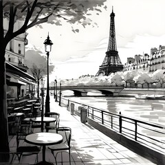 line drawing of paris black and white brush black detail city streets seine river cafes - obrazy, fototapety, plakaty