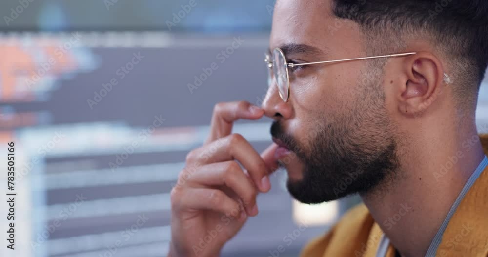 Aufkleber Office, man and thinking in computer with coding as data analyst for programming or digital transformation. Worker, programmer and pc to analyze statistics, information and technology development