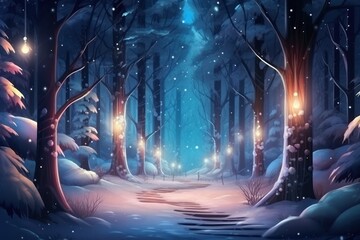 Magical Christmas watercolor forest with shining lights. Fairytale abstract illustration style. Holiday celebration concept.