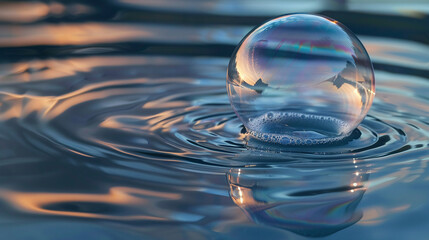 Reflection of a perfect sphere in the surface of a soap bubble, rainbow hues dancing around, super realistic