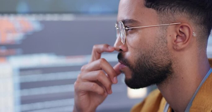 Office, man and thinking in computer with coding as data analyst for programming or digital transformation. Worker, programmer and pc to analyze statistics, information and technology development