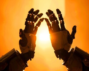  The stark backlight throws into relief the united hands of a human robot