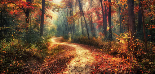 A pathway covered in autumn leaves winding through a dense forest. The trees are in full autumn...