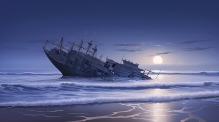 A majestic shipwreck resting beneath the crashing wavesfuturistic sci fi Hi Tech international gothic