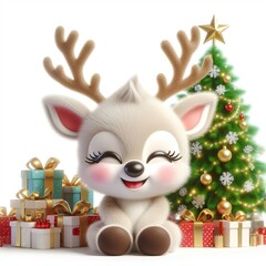 a cute reindeer with Christmas tree and gifts , funny, happy, smile, white background