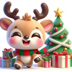 a cute reindeer with Christmas tree and gifts , funny, happy, smile, white background