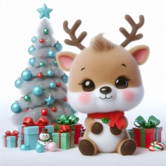 a cute reindeer with Christmas tree and gifts , funny, happy, smile, white background
