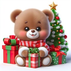 a cute teddy bear with Christmas tree and gifts , funny, happy, smile, white background