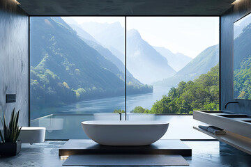 spa-like bathroom featuring a modern bathtub positioned next to a large window with a stunning view of a tranquil lake and majestic mountains