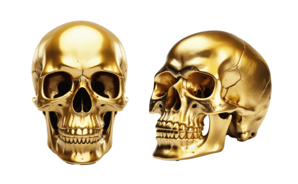 golden human skull isolated on transparent background