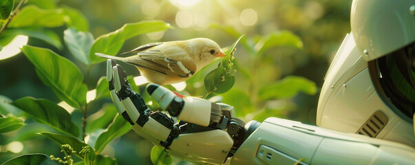 AI robot caring for a little bird, Environmental friendliness and Earth conservation theme