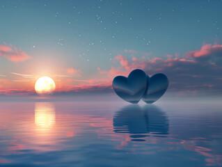 Two glossy hearts rest upon calm waters under a sunset sky with stars emerging.