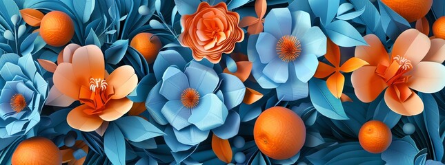 Blue and orange flowers, leaves and oranges in the style of paper art collage, detailed character design in the style of paper cut craft, 3D, made with layered paper effect