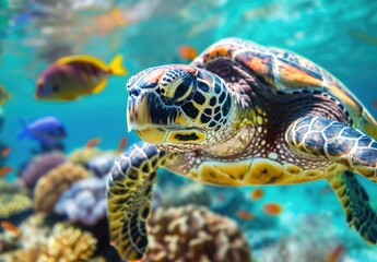 Fototapeta premium A majestic sea turtle swims in the vibrant underwater world of a coral reef, teeming with colorful marine life.