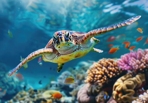 A Hawksbill sea turtle swims in clear tropical waters, its shell pattern a natural art among the coral and fish.