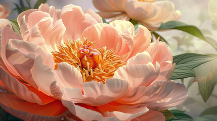A peony in full bloom, with layers of soft, pink petals unfurling to reveal a heart of golden stamens, set against the freshness of a spring morning. 32k, full ultra hd, high resolution