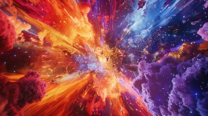 A burst of orange and red fire contrasts with bursts of blue and purple creating an explosion of color in slow motion. - obrazy, fototapety, plakaty