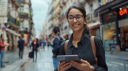 A linguist stands near a busy city street smiling warmly as she converses with a group of locals in their native tongue. She confidently takes notes on her tablet seamlessly navigating . - obrazy, fototapety, plakaty