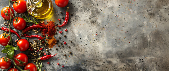 Bright red tomatoes, chili peppers, and spices with olive oil on a textured grey background, a vibrant mix for a flavorful culinary scene.
