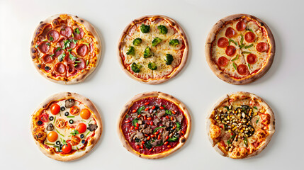 Fototapeta na wymiar Set of different hot pizza with delicious toppings on white background. Top view