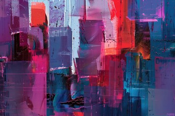 An abstract painting with bright blues, purples, and reds.