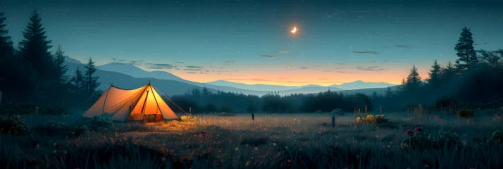 Fotobehang camping in the mountains, Illustration of camping tent placed on green © Sana Ullah