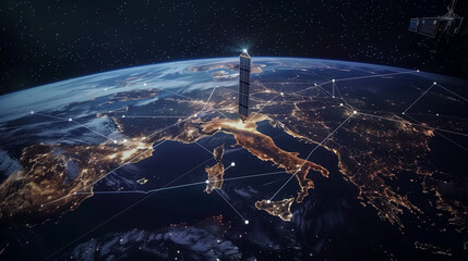 Advanced telecom satellites encircling the globe, beaming data for online connectivity, internet access, and GPS services, revolutionizing our connection to the world. - obrazy, fototapety, plakaty