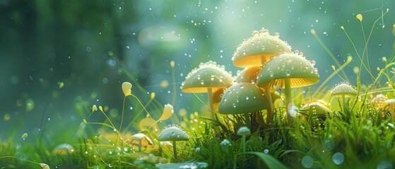 An atmospheric scene of morning dew on a cluster of delicate mushrooms in a lush green meadow - obrazy, fototapety, plakaty