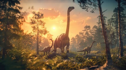 AI-generated majestic dinosaurs in a prehistoric landscape. Brontosaurus or diplodocus. Vivid colors and details bring these ancient creatures to life.