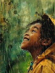 A happy image of a little african american girl laughing while it s raining and playing in the puddles in the parkt 