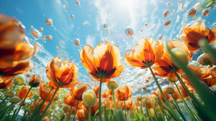 Obraz premium A field of tulips on a bright sunny day