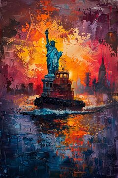 whimsical effect of a tug boat in the river, sailing in front of the statue of liberty it is dawn the river is calm Textured painterly fantasy artistic Oil paint splashes intuitive