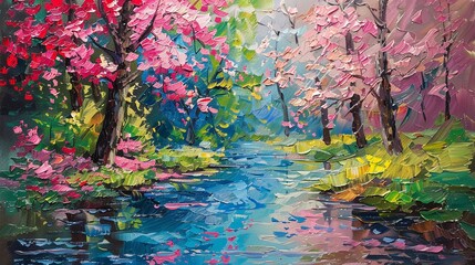 Create an image of a blooming forest IN THE SPRING with a meandering stream Colorful, oil painting, heavy strokes, impasto