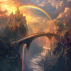 A fantasy bridge connecting two worlds with a rainbow arch as its gateway - obrazy, fototapety, plakaty