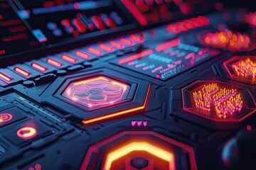A futuristic interface with hexagonal buttons and holographic displays - obrazy, fototapety, plakaty
