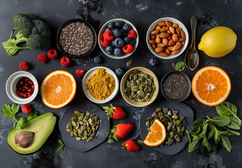 A flat lay of vibrant fruits, vegetables, and herbs neatly organized on a black background, showcasing a variety of textures and colors.
