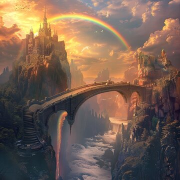 A fantasy bridge connecting two worlds with a rainbow arch as its gateway
