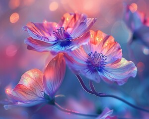 Shimmering abstract flowers, vivid iridescent colors, close focus, high detail