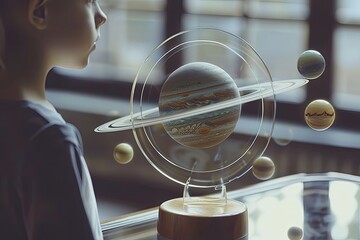boy looking at 3D model of solar system