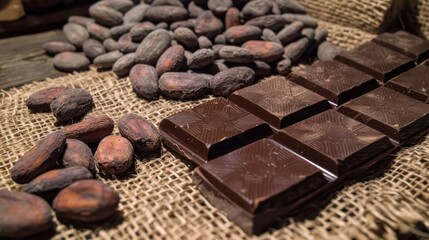 Cocoa beans and chocolate bars laid out on a burlap cloth