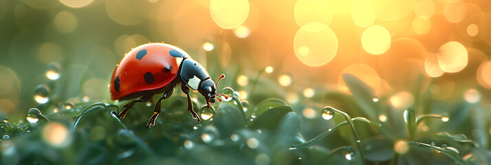 ladybug on green grass,
 Ladybug crawling on green grass morning plant 