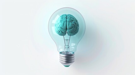 3D light bulb with a brain inside floating on a white background, with a blue and teal color palette, in the style of PNG style, ultra realistic photographic style
