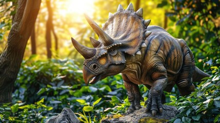 Naklejka na ściany i meble AI-generated majestic dinosaurs in a prehistoric landscape. Triceratops. The concept of time when dinosaurs ruled the Earth.