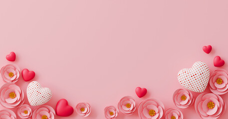 A pink background with a hearts and flowers. design for mother's day and valentine day. with copy space